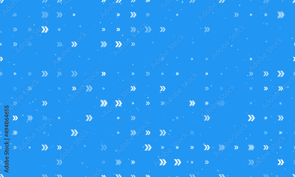 Seamless background pattern of evenly spaced white double arrow symbols of different sizes and opacity. Vector illustration on blue background with stars