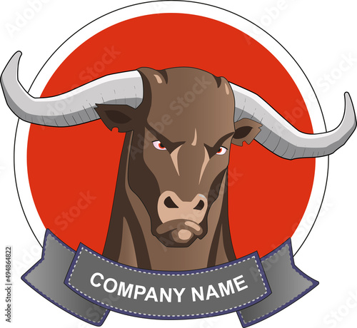 Logo tête de taureau sur fond rond orange badge avec bannière