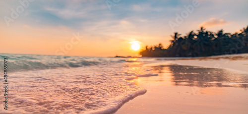 Closeup waves splashing in tropical island beach. Sunset landscape, amazing summer travel destination, romantic vacation nature scenic. Evening coast panoramic beach landscape, sky horizon sandy coast
