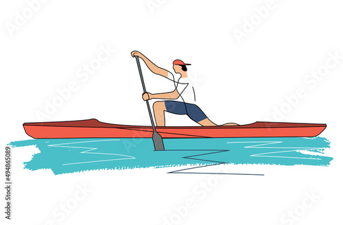 
Canoe sprint, man athlete standing in support on one knee in single canoe. 
Line art stylized Illustration of canoeing. Isolated on white background. Vector available.