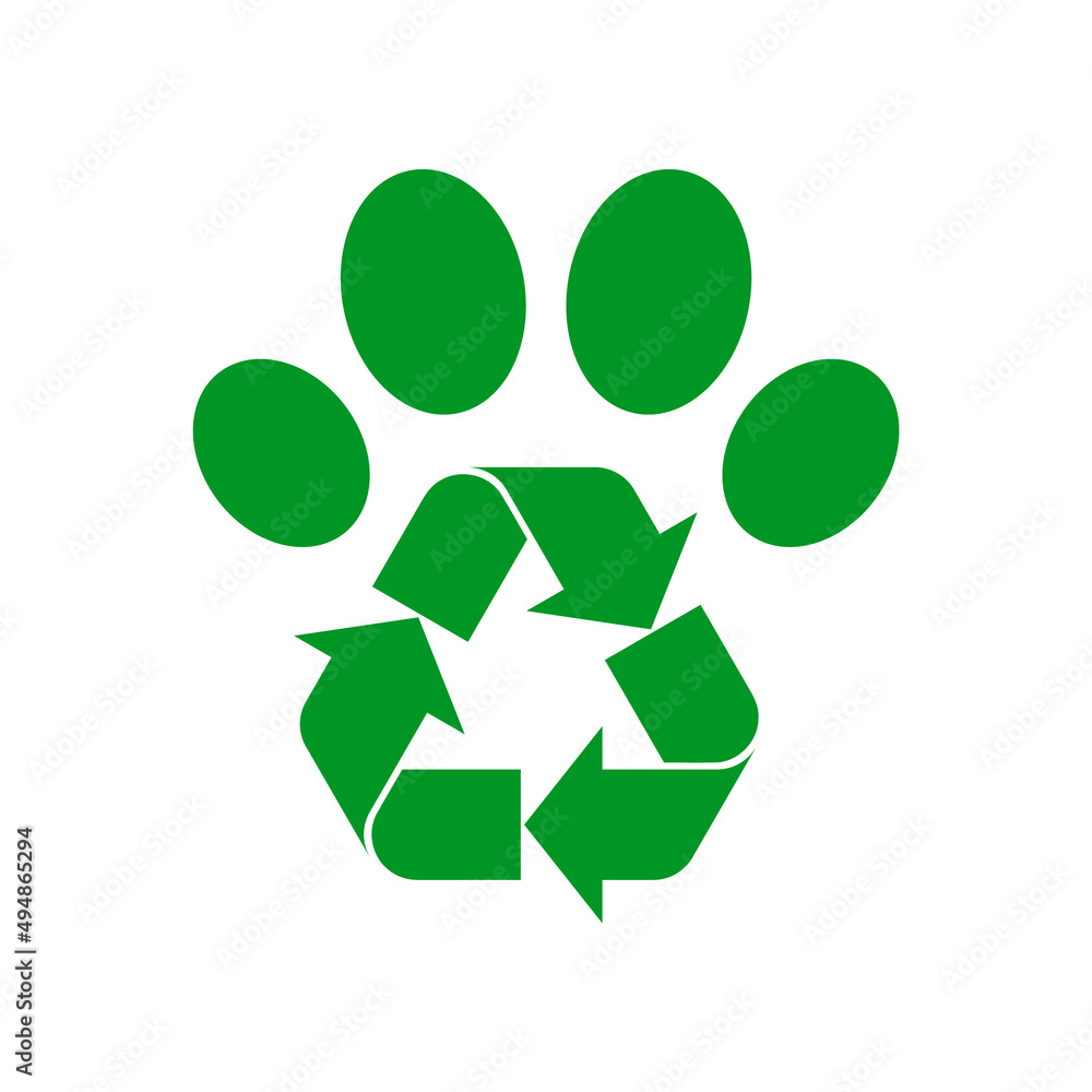 Paw with recycle sign. Recycled packaging idea. Brand identity logo template. Eco friendly pet