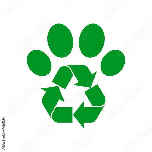 Paw with recycle sign. Recycled packaging idea. Brand identity logo template. Eco friendly pet animal products. Recycling materials. Nature conservation concept. Vector illustration, flat, clip art. 