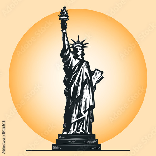 American Statue of Liberty with a torch in hand - a symbol of freedom and independence, in dark gray colors