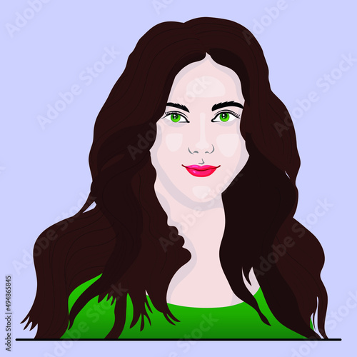 A girl with short dark hair and blue eyes turned coquettishly and looks at the viewer cutely