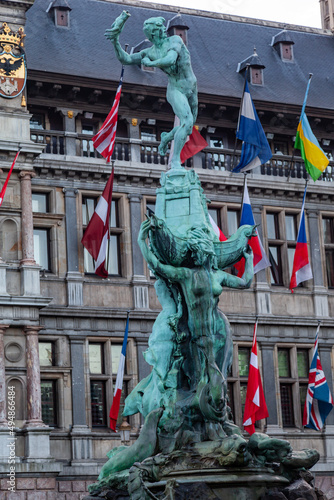 Brabo Fountain in front of the Town Hall of the city in Grote Markt, Antwerpen, Belgium photo