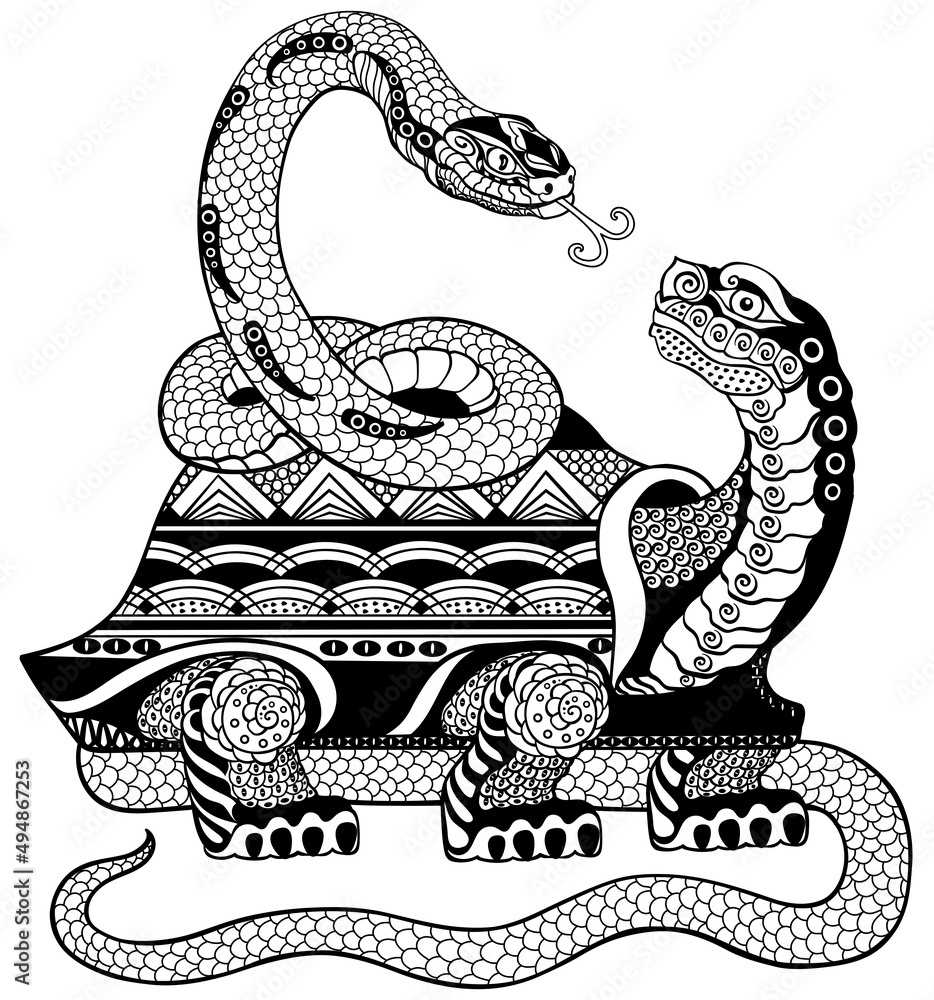 Fototapeta premium a tortoise or turtle entwined together with a snake. Black and white isolated vector illustration