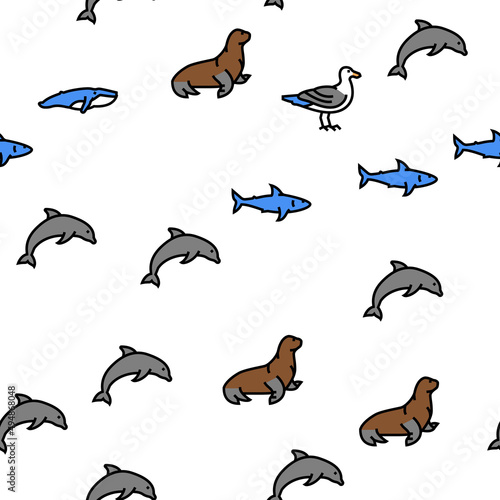 Ocean Underwater Life Vector Seamless Pattern Thin Line Illustration