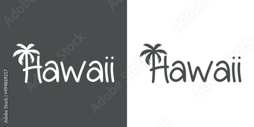 Hawaii Beach. Destino de vacaciones. Banner con texto Hawaii con letra con forma de silueta de palmera en fondo gris y fondo blanco