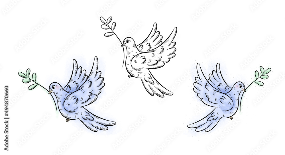 Fototapeta premium Awesome digital drawn pattern with tree flying white and blue doves os peace isolated on the white background