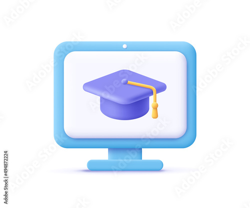 Computer monitor display and graduation cap. Online education, e-learning, online training, workshops and courses. 3d vector icon. Cartoon minimal style.