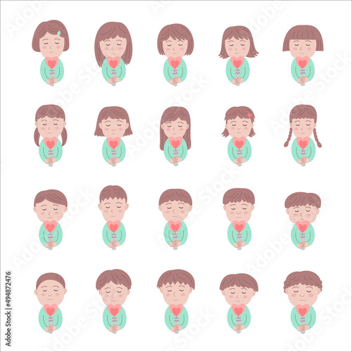 10 girls and 10 boys are praying with heart candles, set,    平和を祈る子供たち