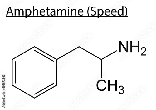 Chemical structure of Amphetamine on a white background.