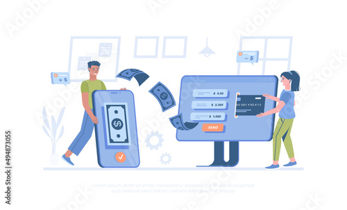 Money transfer. Sending money from a bank credit card through a computer to a mobile phone. Cartoon modern flat vector illustration for banner, website design, landing page.