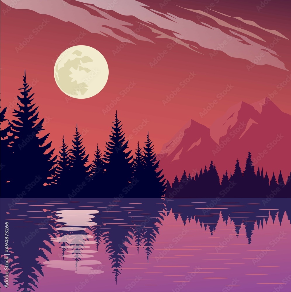 night landscape with mountains and lake