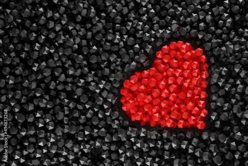 abstract red heart made of polygons in the form of balls on a dark geometric background, conceptual illustration for valentine's day, 3d rendering photo