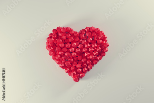 abstract red heart made of polygons in the form of balls on a white geometric background, conceptual illustration for valentine's day, 3d rendering photo