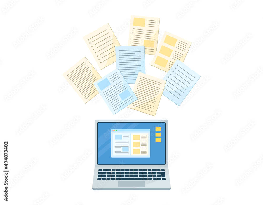 パソコンからプリントが飛び出すイラスト 仕事風景のコンセプトイラスト 白背景にベクターデータ Stock Vector Adobe Stock