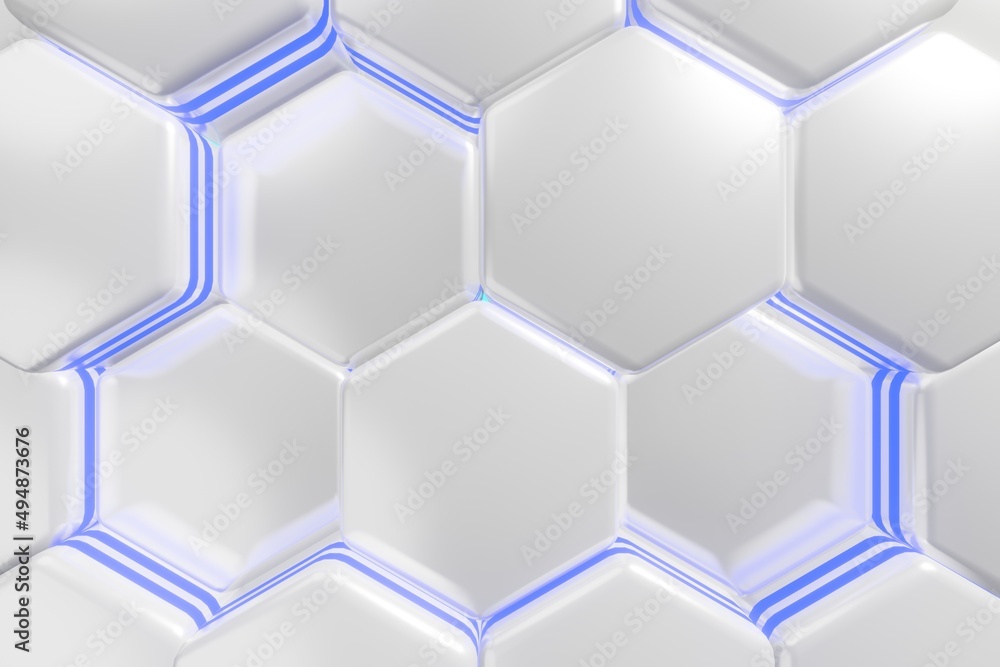 white and blue hexagons, abstract background made of geometric shapes, color structure made of honeycombs, 3d rendering white and blue hexagons, abstract background made of geometric shapes, color structure made of honeycombs, 3d rendering