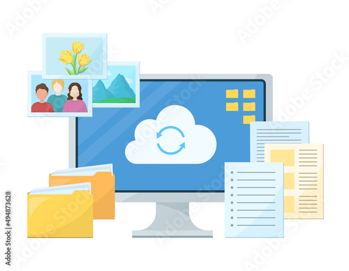 クラウドストレージのコンセプトイラスト. PCと写真や書類のデータ. 白背景にベクターデータ.