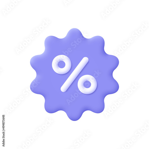 Shopping price tag, discount coupon with percent symbol. Online shopping, discount offer, sales, promotion. 3d vector icon. Cartoon minimal style.