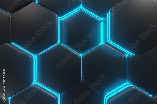 luminous hexagons, black and cyan abstract background made of geometric shapes, color structure made of honeycombs, 3d rendering