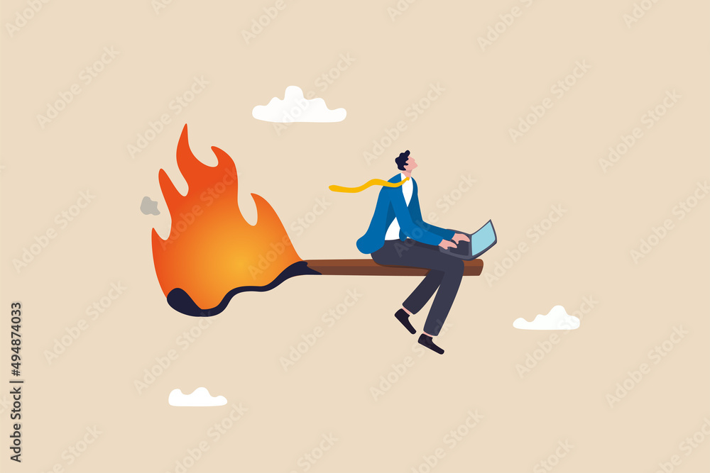 Burnout from overworked or pressure to finish within deadline, frustration or exhausted worker, despair employee or trouble concept, desperate businessman working with laptop on burning matchstick. - obrazy, fototapety, plakaty 