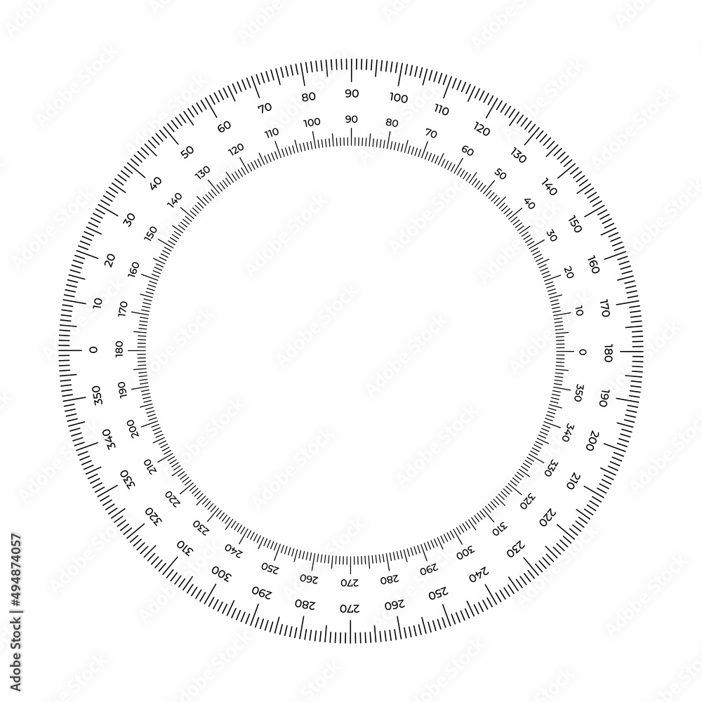 Vector illustration round meter scale isolated on white background. Measuring circle scale in flat style. Circular ruler template. 360 degrees. Protractor grid. Vector illustration round meter scale isolated on white background. Measuring circle scale in flat style. Circular ruler template. 360 degrees. Protractor grid.