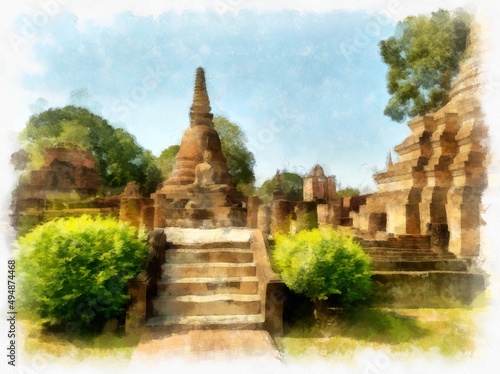 Landscape of ancient ruins in Sukhothai World Heritage Site Thailand watercolor style illustration impressionist painting.