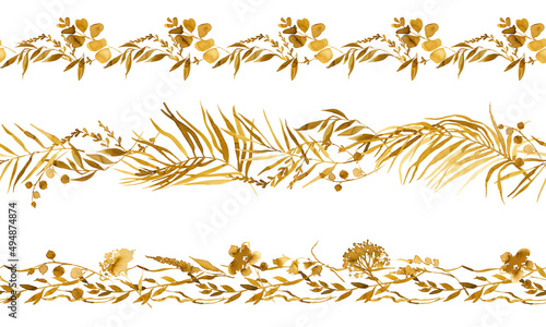 watercolor botanic Leaf and flowers banner set. Seamless pattern golden herbal composition isolated on white.