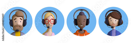 Call center agents avatars collection set. Call center, customer support, telemarketing agents. 3D render style cartoon portraits set.	
