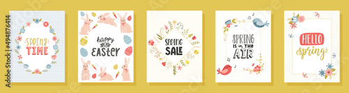 A set of Easter greeting cards with handwritten phrases, Easter bunnies, flowers, birds, floral frame. Happy Easter, hello spring. Vector illustrations in a cute cartoon style on a white background.