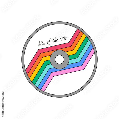 Compact audio disk with rainbow label. Musical equipment. CD icon, sign, symbol of 90s, 00s. Vector illustration with outline isolated on white background.