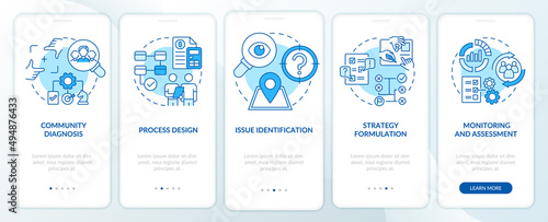 Social planning stages blue onboarding mobile app screen. Society changes walkthrough 5 steps graphic instructions pages with linear concepts. UI, UX, GUI template. Myriad Pro-Bold, Regular fonts used