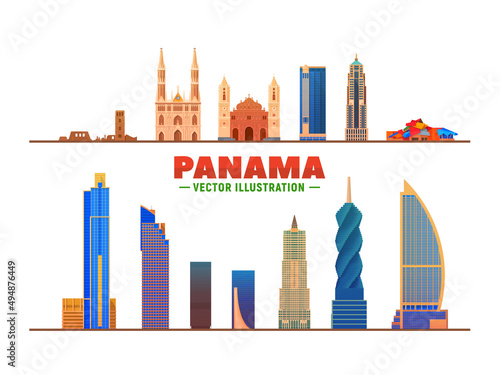 Panama city ( Panama ) skyline with panorama in white background. Vector Illustration. Business travel and tourism concept with modern buildings. Image for presentation, banner, web site.