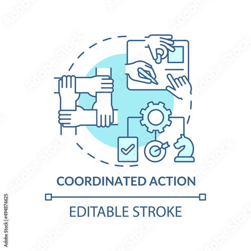 Coordinated action turquoise concept icon. Team strategy. Synergy. ILAP principle abstract idea thin line illustration. Isolated outline drawing. Editable stroke. Arial, Myriad Pro-Bold fonts used