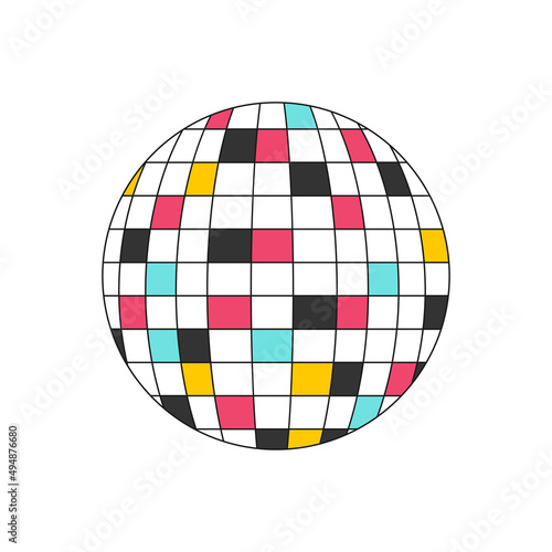 Disco ball. Disco equipment with mirrored and colored elements reflecting light. Retro decorative element. A flat icon with an outline. Color vector illustration isolated on a white background.