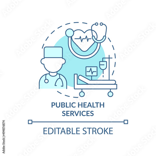 Public health services turquoise concept icon. Healthcare. Social planning example abstract idea thin line illustration. Isolated outline drawing. Editable stroke. Arial, Myriad Pro-Bold fonts used