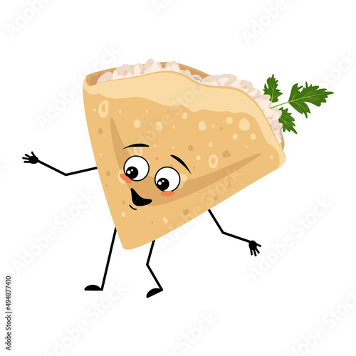 Pancake character with cottage cheese and parsley and joyful emotions, happy face, smile, arms and legs. Baking person, homemade pastry with funny expression. Vector flat illustration