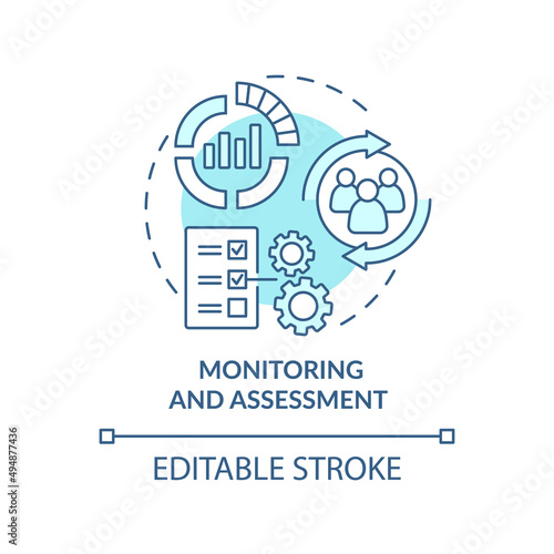Monitoring and assessment turquoise concept icon. Evaluate progress. Social planning abstract idea thin line illustration. Isolated outline drawing. Editable stroke. Arial, Myriad Pro-Bold fonts used