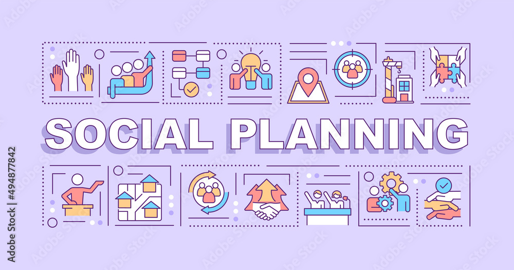 Social planning word concepts purple banner. Community changes. Infographics with icons on color background. Isolated typography. Vector illustration with text. Arial-Black font used Social planning word concepts purple banner. Community changes. Infographics with icons on color background. Isolated typography. Vector illustration with text. Arial-Black font used