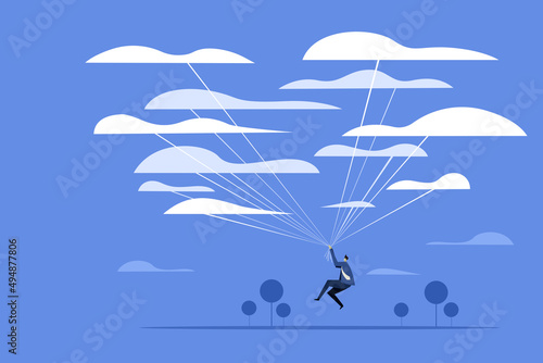 Conceptual illustration of a man flying up holding the strings attached to clouds