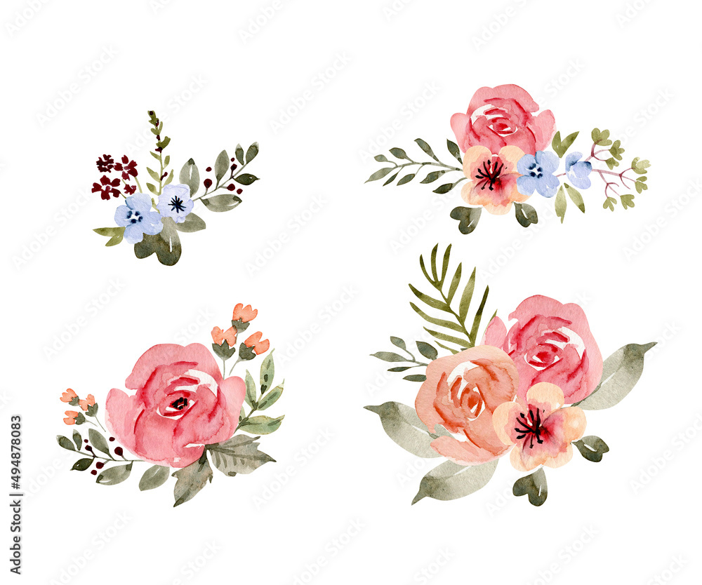Botanical set of watercolor flowers and bouquets on a white background. illustration hand painted.
