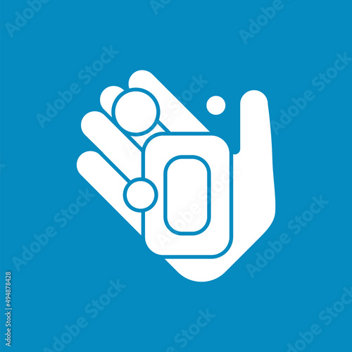  Hand washing glyph icon. Soap brick on palm. Disinfection. Hygiena concept. Filled flat sign. Isolated silhouette vector illustration