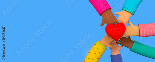 Hands with heart, friendship hands, different people hands, intercultural communication, interethnic relations, politics of difference. Trendy 3d illustration on blue background
