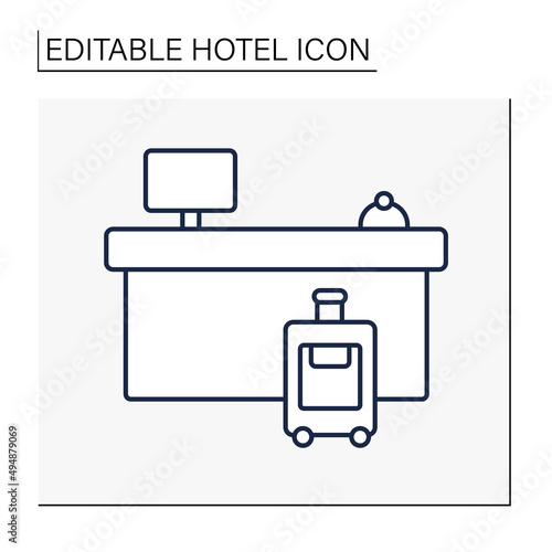 Lobby line icon. Hall or corridor used as passageway or waiting room. Registration desk for tourists. Hotel concept. Isolated vector illustration. Editable stroke