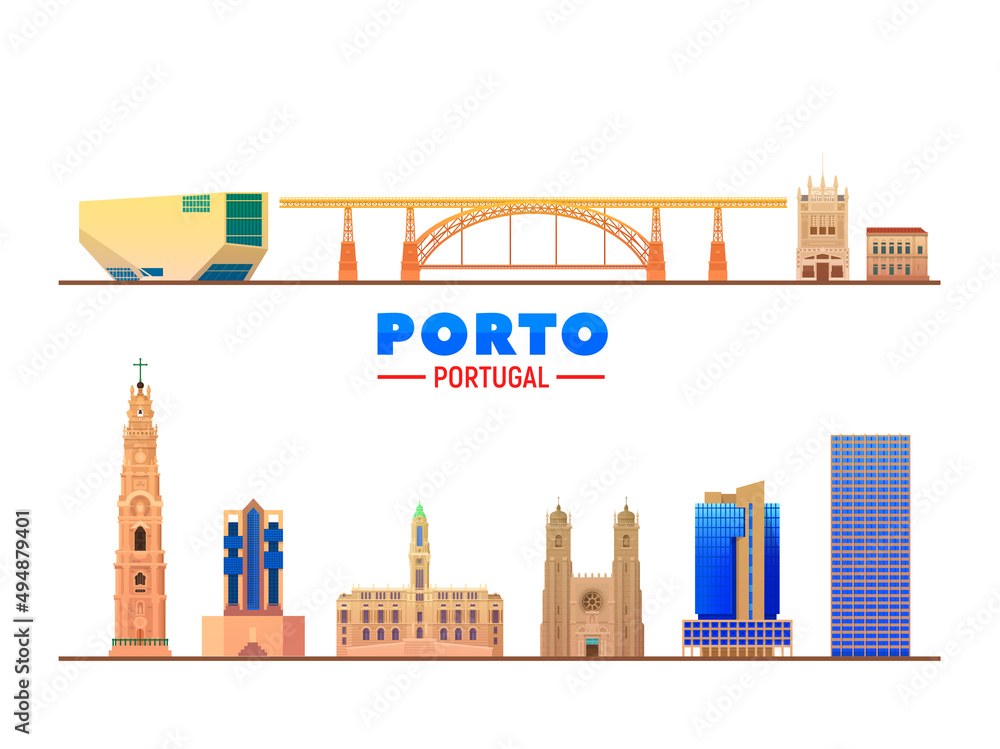 Porto Portugal landmarks white background. Vector Illustration. Business travel and tourism concept with modern and old buildings. Vector for presentation, banner, web site.
