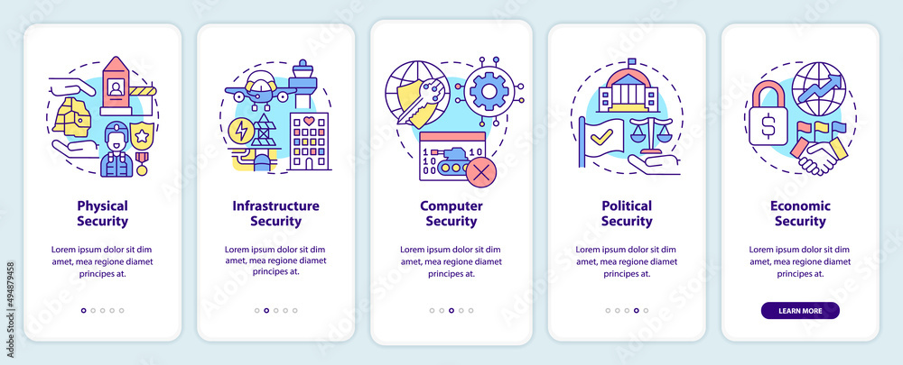Dimensions of national security onboarding mobile app screen. Walkthrough 5 steps graphic instructions pages with linear concepts. UI, UX, GUI template. Myriad Pro-Bold, Regular fonts used