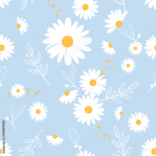 Seamless pattern with daisy flower, hand drawn branches and pollen on blue background vector illustration.
