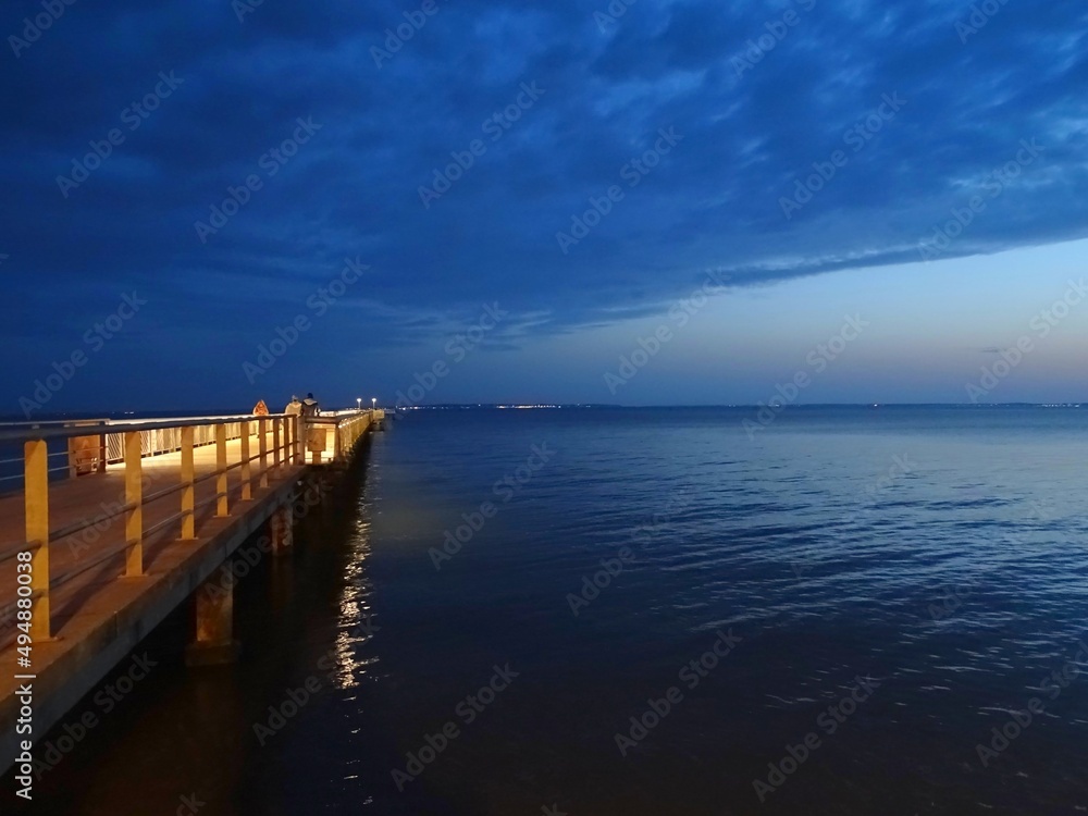 Europe, France, Nouvelle-Aquitaine region, Gironde department, Bassin d'Arcachon, Cities of Andernos, Pier Louis David in the evening 