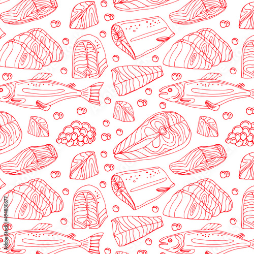 Top view of raw salmon steak isolated on blue background. Minimal concept. Flat lay. Seamless line pattern